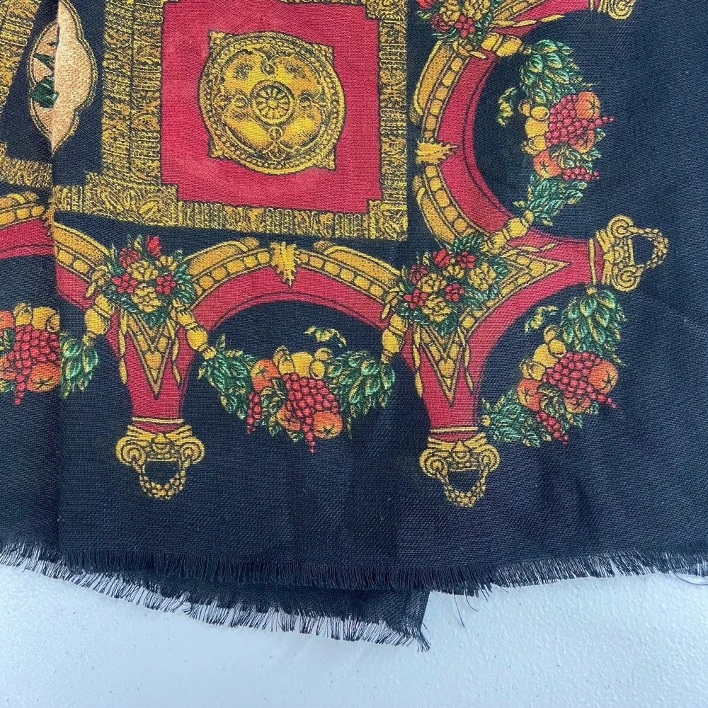 Women's vintage black rose renaissance fruit fringe lightweight fashion scarf‎